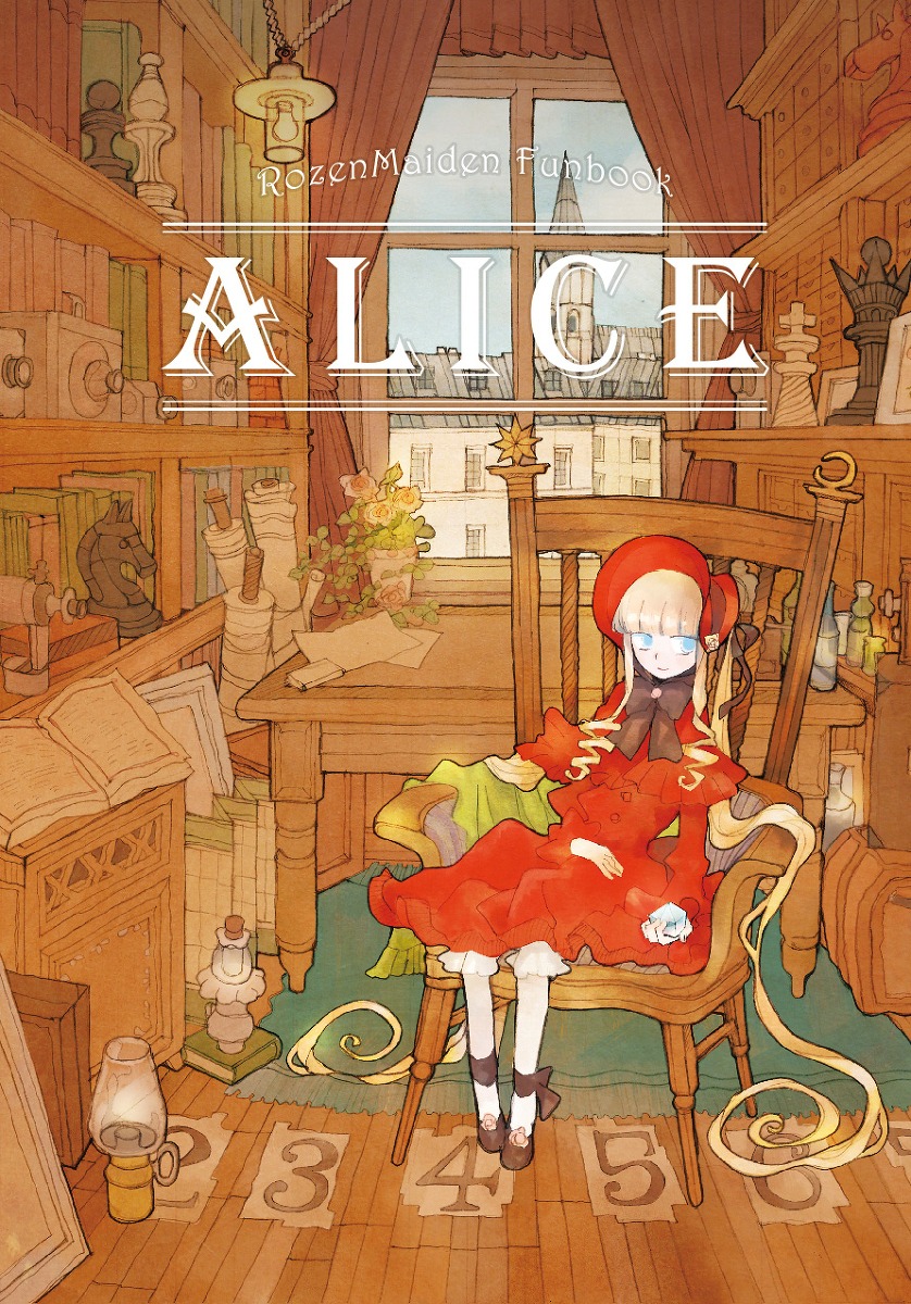 1girl bangs blonde_hair blue_eyes book bookshelf chair curtains doll doll_joints dress flower image indoors lamp long_hair looking_at_viewer potted_plant red_dress shinku sitting solo very_long_hair window