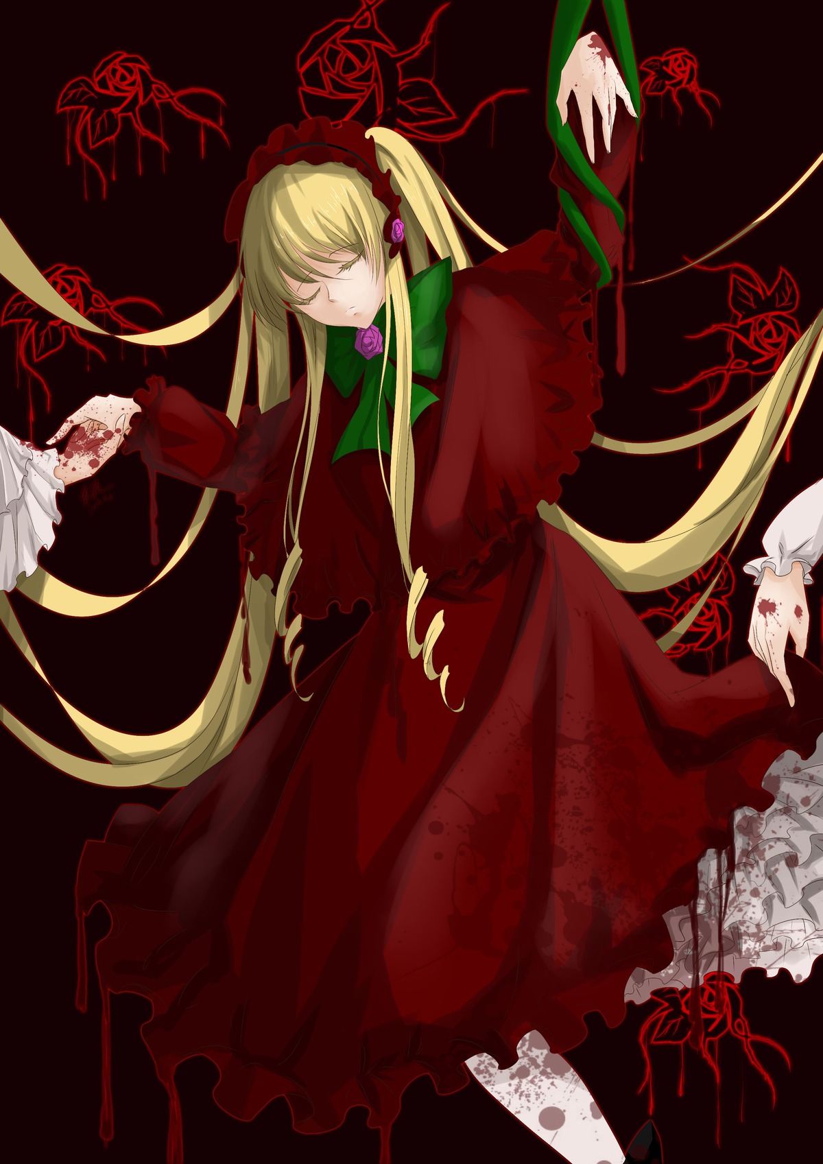 1girl blonde_hair bonnet bow bowtie closed_eyes dress flower image long_hair long_sleeves red_dress rose shinku solo twintails