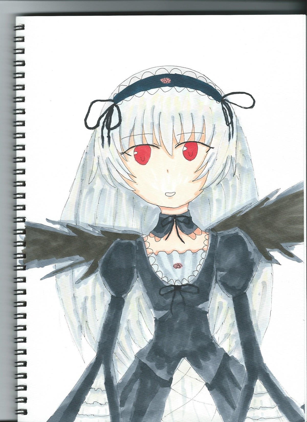 1girl bangs black_dress black_ribbon black_wings choker dress feathered_wings frills hairband image long_hair long_sleeves looking_at_viewer puffy_sleeves red_eyes ribbon simple_background smile solo suigintou traditional_media upper_body white_background wings