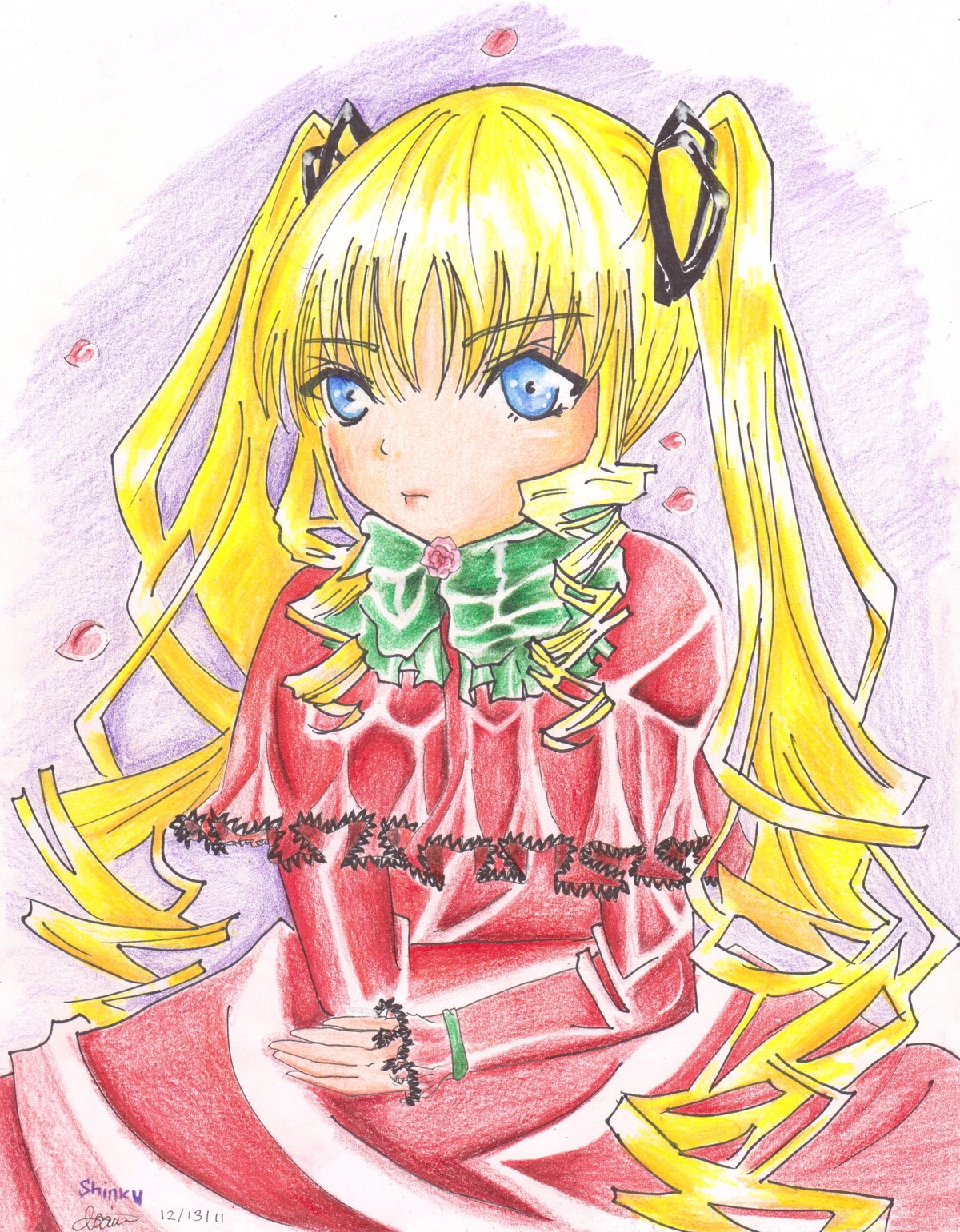 1girl blonde_hair blue_eyes dress drill_hair flower hair_ribbon image long_hair long_sleeves looking_at_viewer marker_(medium) petals red_capelet red_dress ribbon ringlets rose shinku signature solo traditional_media twin_drills twintails