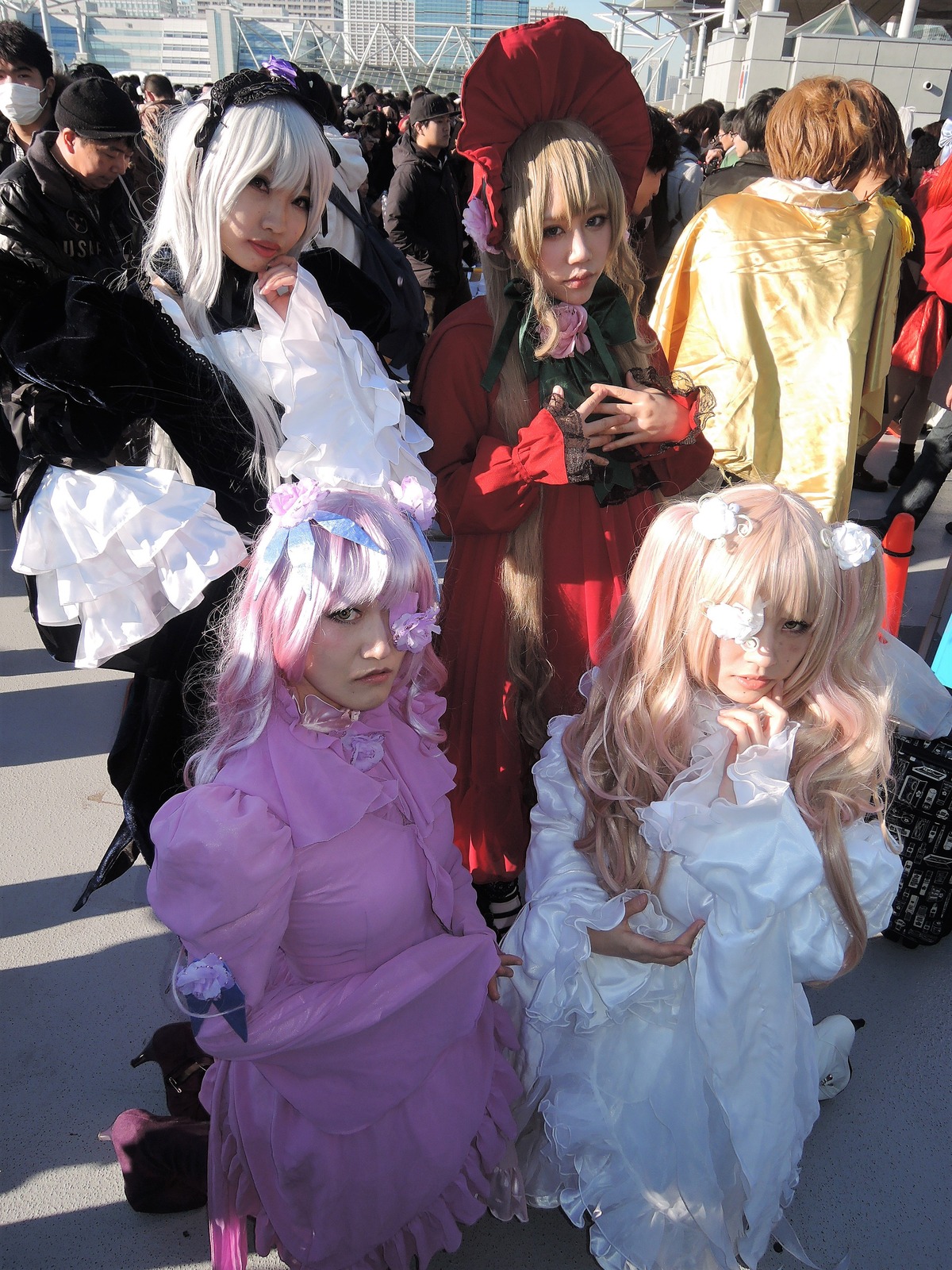 6+girls blonde_hair blue_eyes dress flower hair_ornament hat long_hair long_sleeves looking_at_viewer multiple_cosplay multiple_girls tagme umbrella