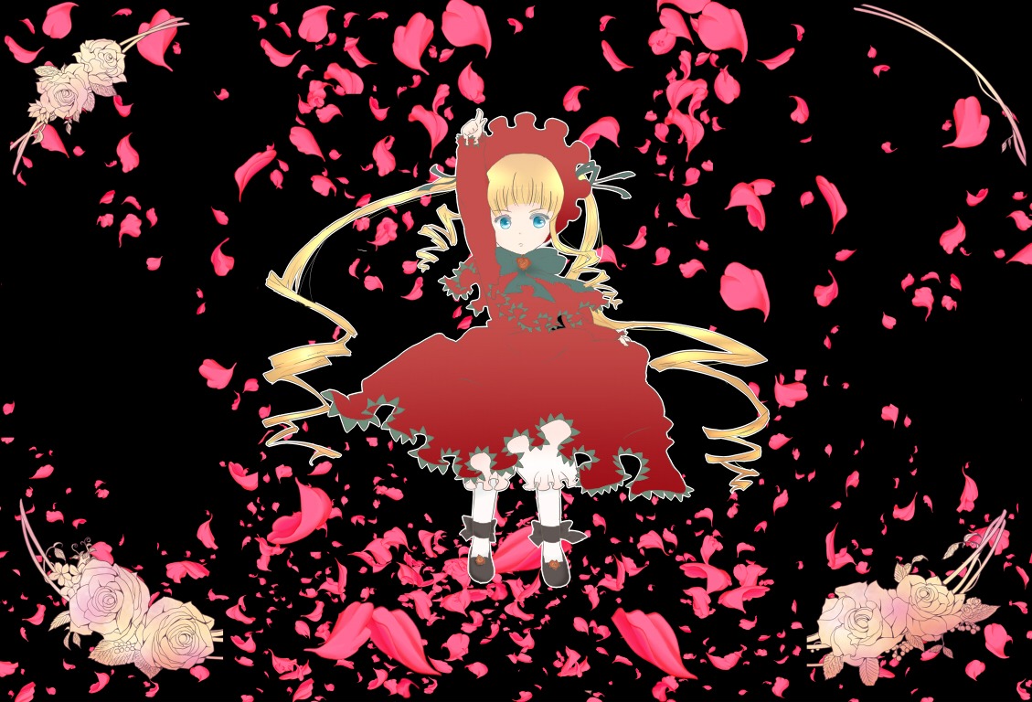 1girl blonde_hair blue_eyes bonnet dress drill_hair flower image long_hair petals pink_flower pink_rose red_dress red_rose rose rose_petals shinku solo twintails very_long_hair white_flower white_rose