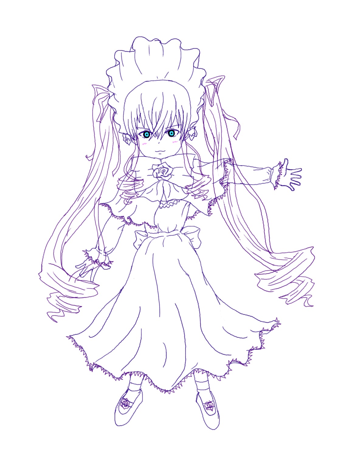 1girl dress drill_hair full_body image long_hair monochrome shinku shoes solo twintails very_long_hair wrist_cuffs