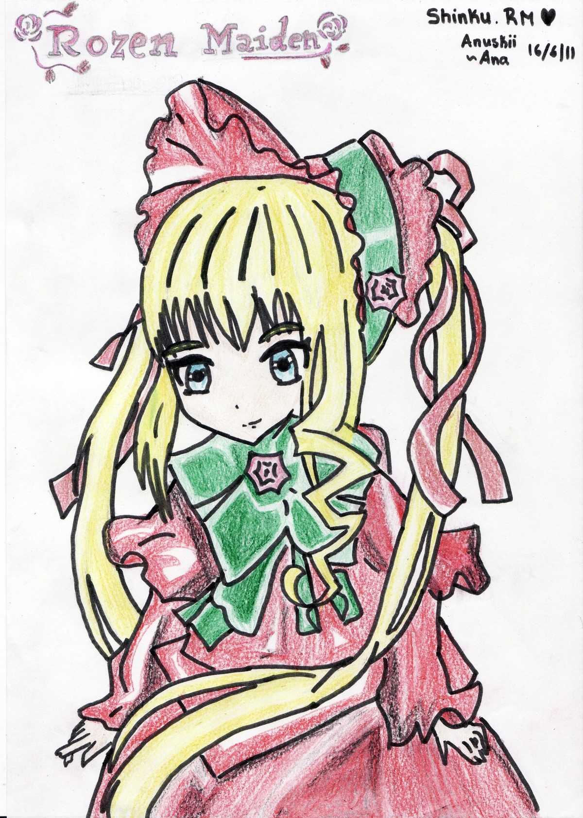 1girl blonde_hair blue_eyes bonnet bow bowtie dated dress green_bow image long_hair long_sleeves looking_at_viewer marker_(medium) photo shinku sidelocks simple_background solo traditional_media white_background