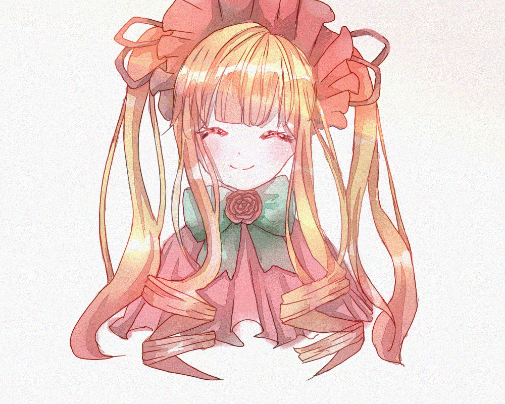 1girl bangs blonde_hair bonnet bow closed_eyes closed_mouth eyebrows_visible_through_hair flower image long_hair pink_flower pink_rose red_flower red_rose rose shinku sidelocks simple_background smile solo traditional_media twintails upper_body white_background