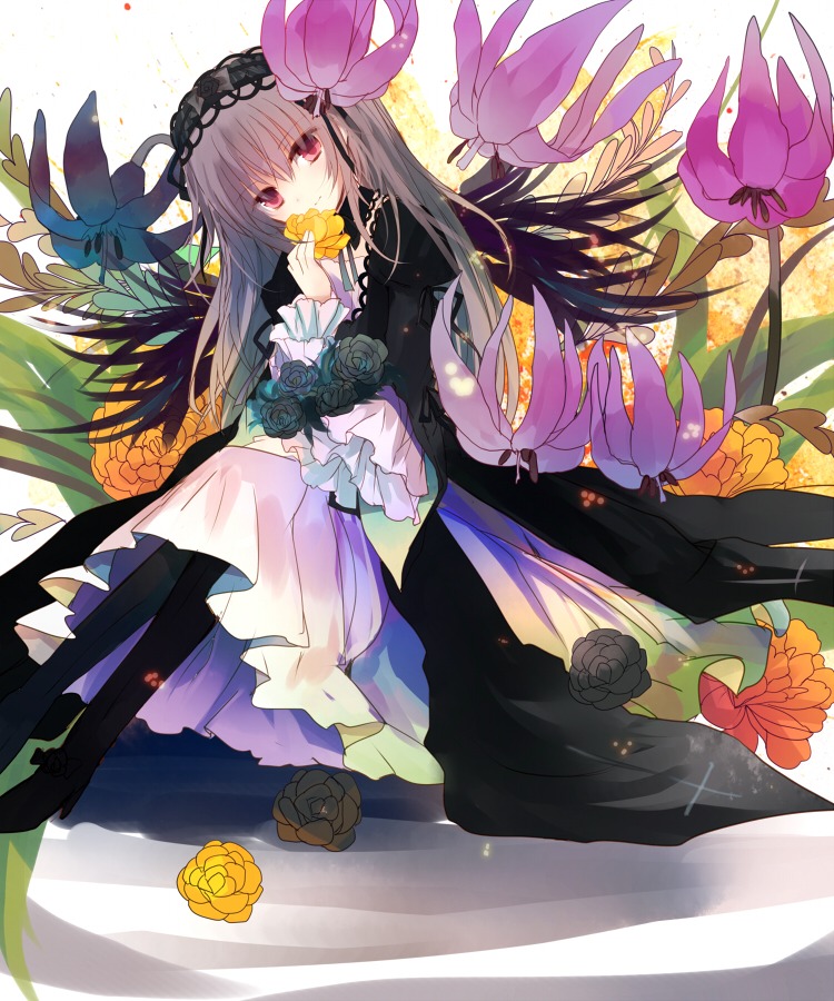 1girl commentary_request dress flower gothic_lolita hairband image kazu_(muchuukai) lolita_fashion lolita_hairband long_hair red_eyes rose rozen_maiden silver_hair sitting solo suigintou very_long_hair wings yellow_flower yellow_rose