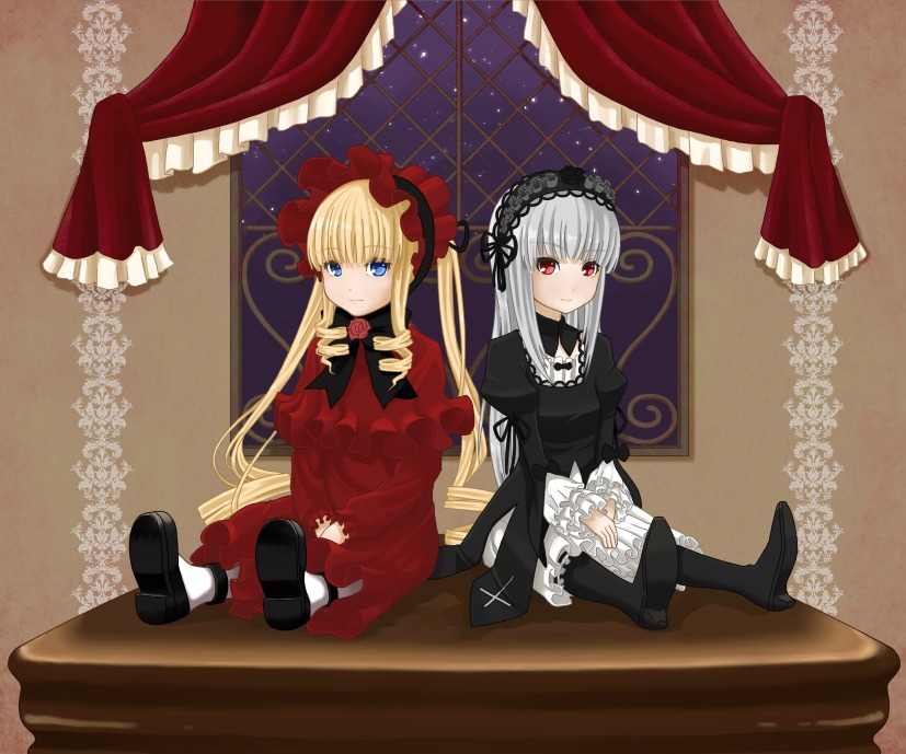 2girls blonde_hair blue_eyes bonnet curtains dress hairband image lolita_fashion long_hair long_sleeves looking_at_viewer multiple_girls pair red_eyes rose shinku shoes silver_hair sitting smile suigintou window