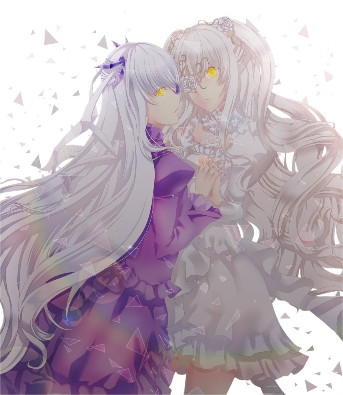 2girls barasuishou breasts dress dual_persona eyepatch flower frills hair_flower holding_hands image kirakishou long_hair long_sleeves looking_at_viewer multiple_girls pair purple_dress rose silver_hair thighhighs very_long_hair yellow_eyes