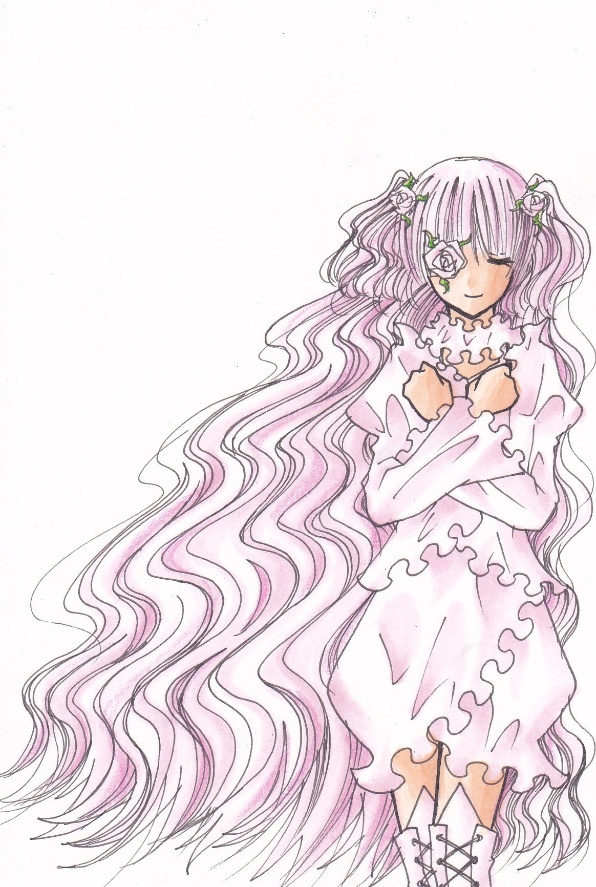 1girl boots closed_eyes dress flower frills full_body hair_flower hair_ornament image kirakishou long_hair long_sleeves pink_hair smile solo standing very_long_hair wavy_hair