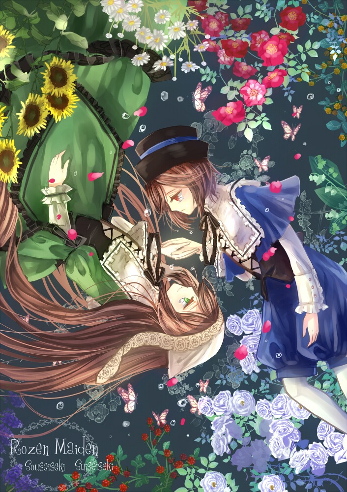 2girls auto_tagged brown_hair bug butterfly dress flower green_dress green_eyes hat image insect long_hair long_sleeves multiple_girls pair petals rose short_hair siblings sisters souseiseki suiseiseki twins upside-down