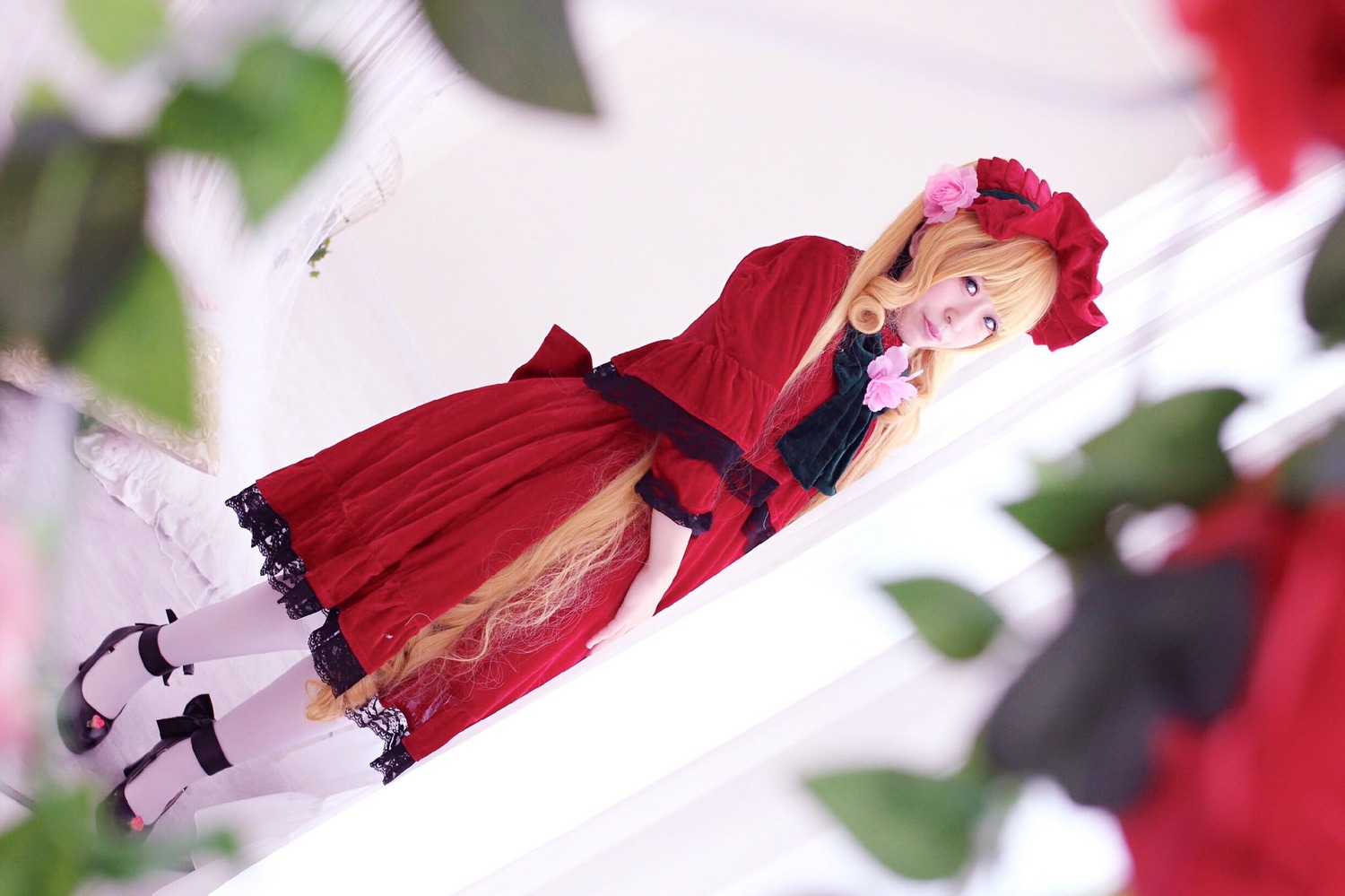 1girl animal blonde_hair blue_eyes blurry blurry_background blurry_foreground bow cat depth_of_field dress flower lips photo red_dress shinku solo standing