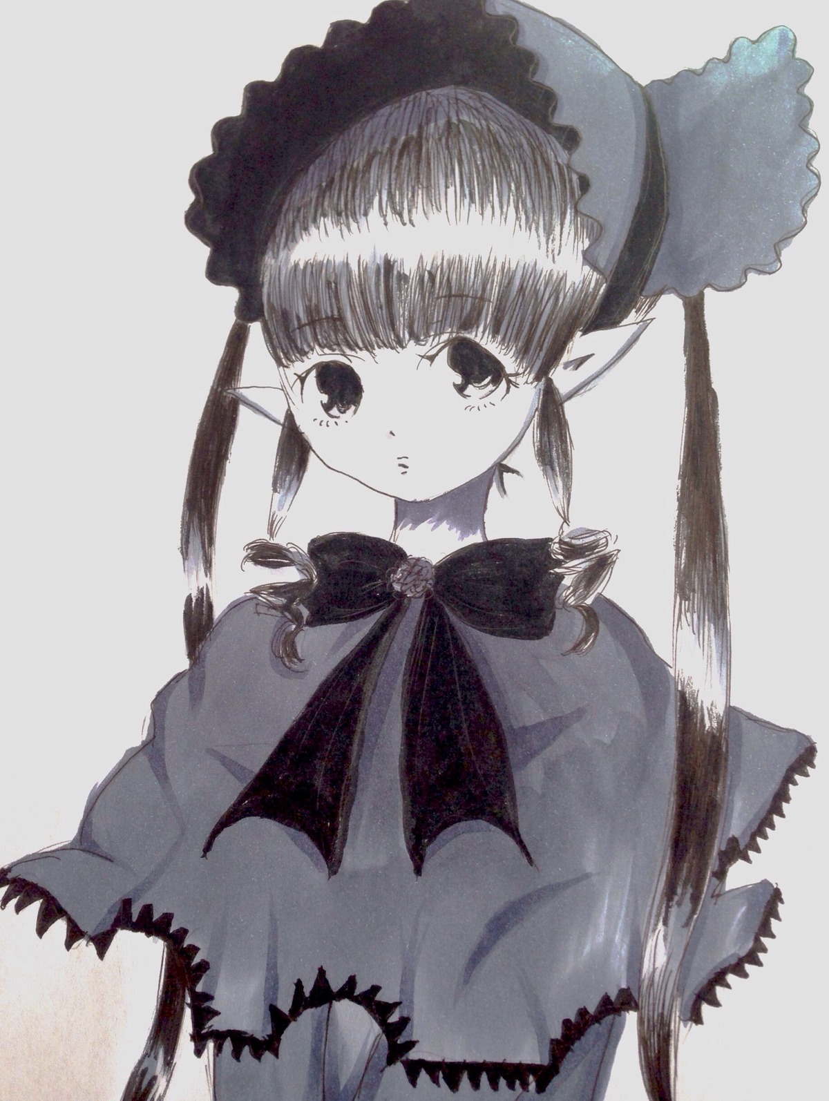 1girl bangs bonnet capelet closed_mouth grey_background image lace long_hair looking_at_viewer monochrome pointy_ears shinku simple_background solo striped upper_body