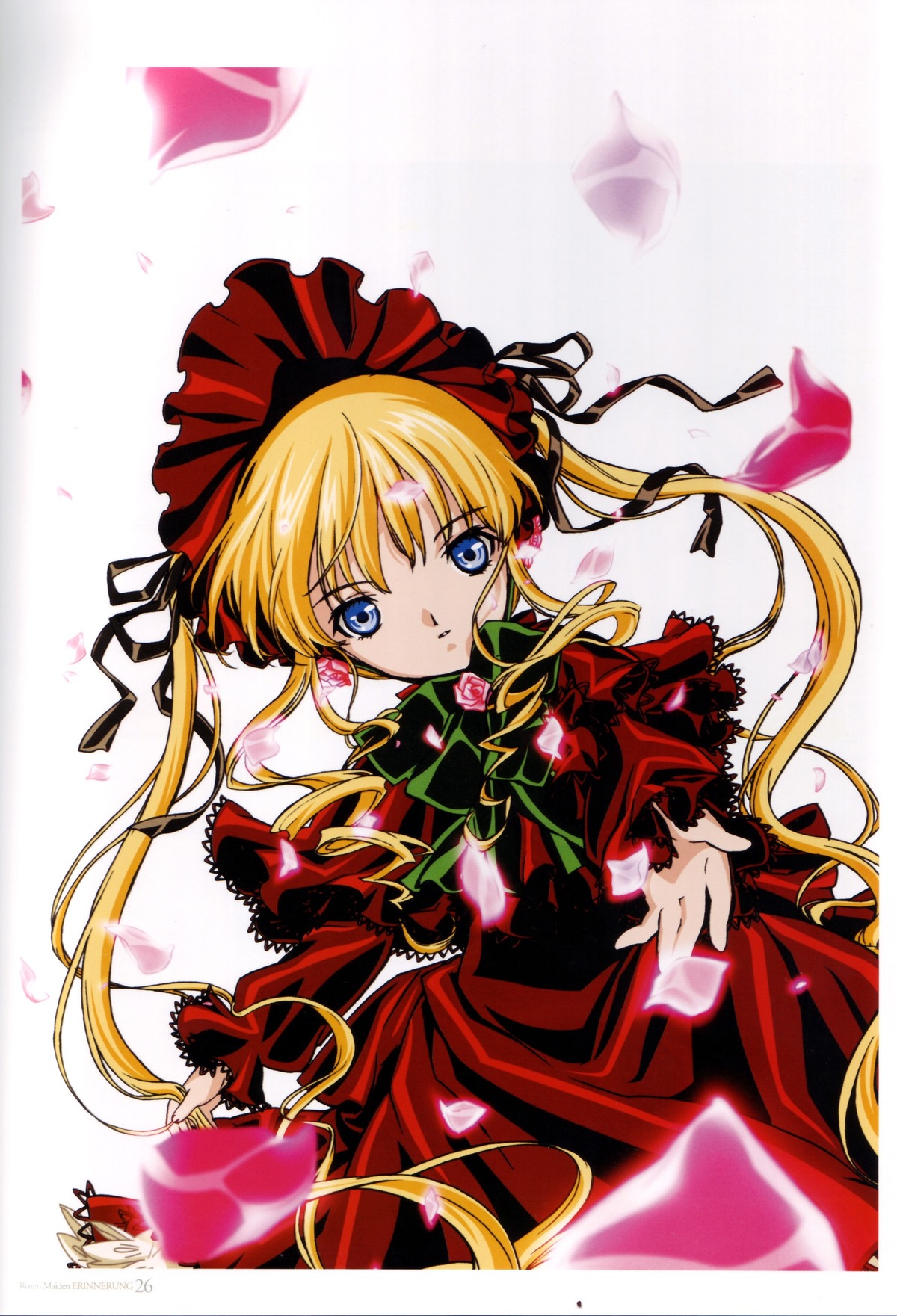 1girl 86800 bangs blonde_hair blue_eyes bonnet bow bowtie dress flower green_bow hair_ribbon image long_hair long_sleeves looking_at_viewer petals red_dress ribbon shinku solo twintails very_long_hair