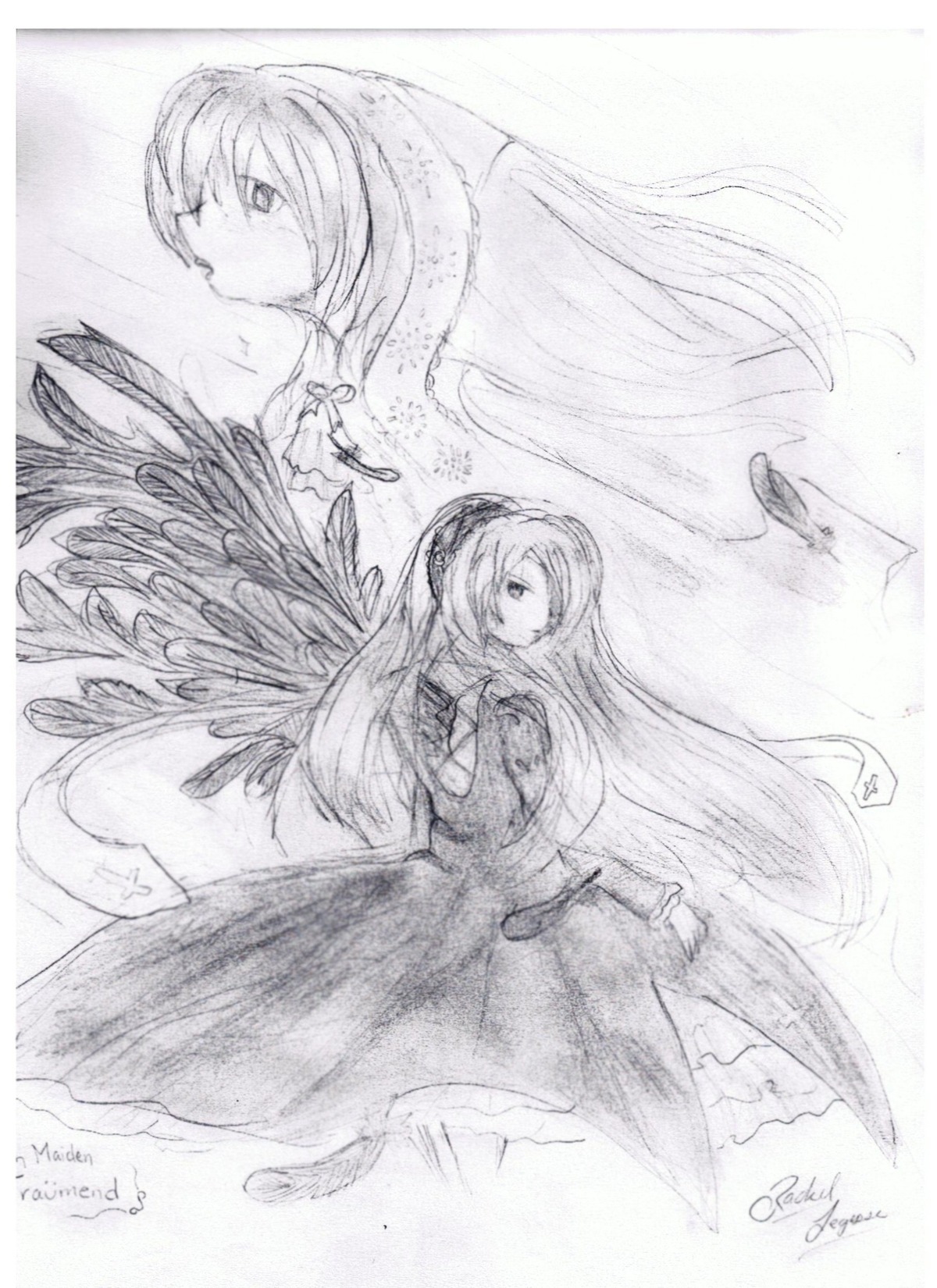 1girl artist_name auto_tagged dated dress feathered_wings feathers graphite_(medium) greyscale hairband image long_hair looking_at_viewer looking_back monochrome pair signature solo suigintou suiseiseki traditional_media very_long_hair wings