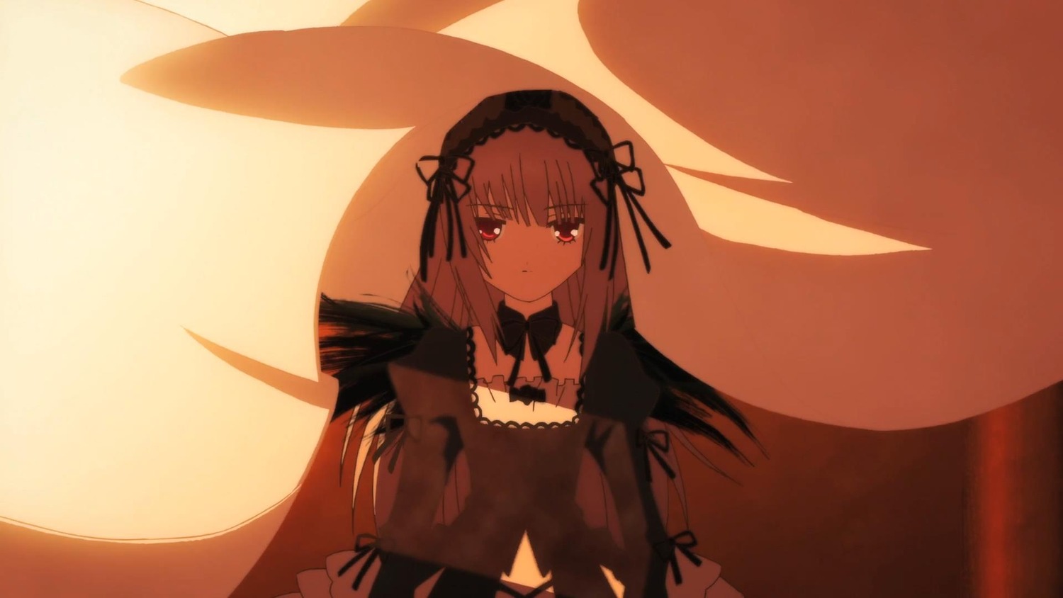 1girl bangs black_dress black_ribbon black_wings closed_mouth dress eyebrows_visible_through_hair feathered_wings frills hairband image juliet_sleeves long_hair long_sleeves looking_at_viewer moon puffy_sleeves ribbon solo suigintou wings