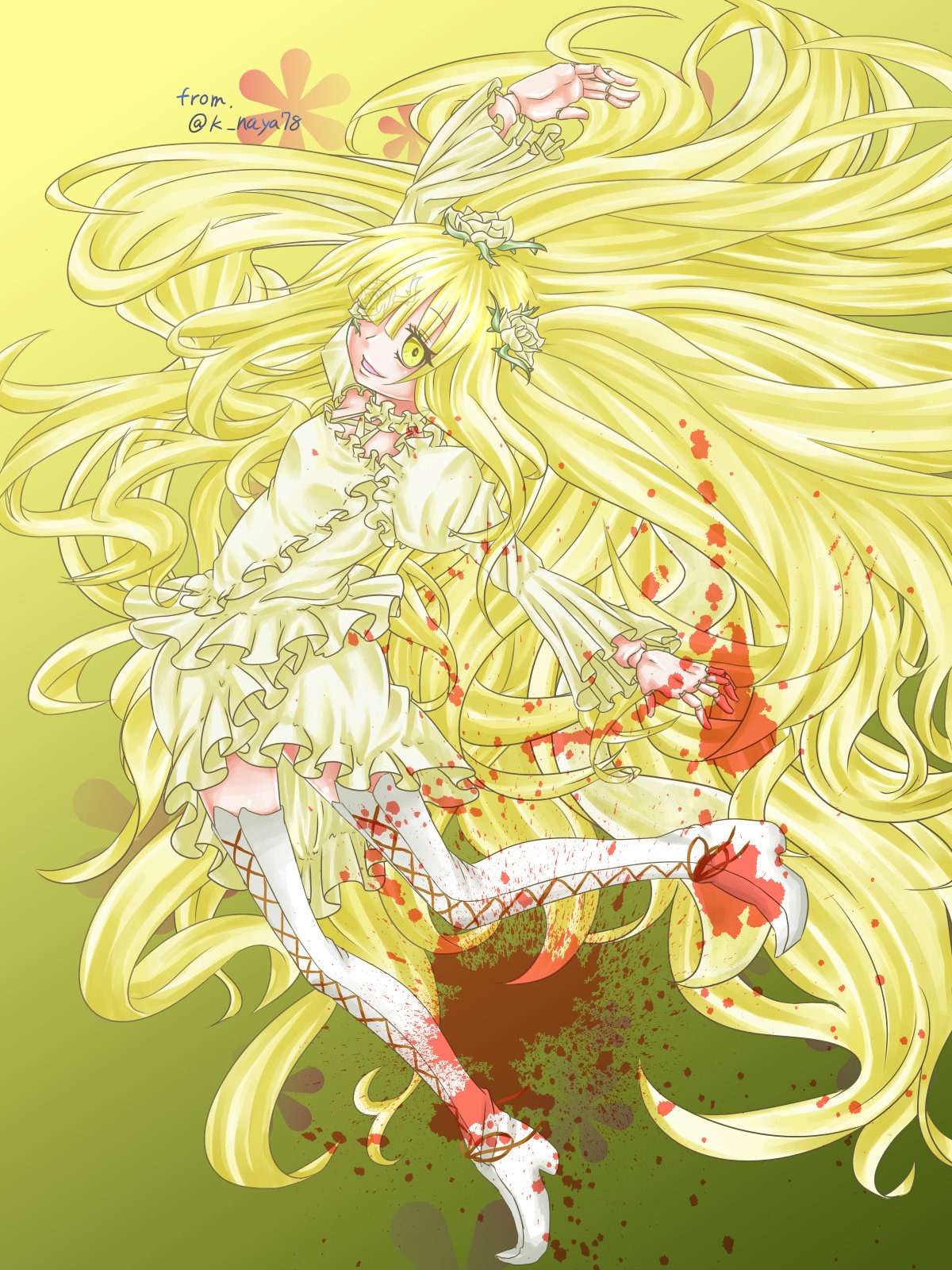 1girl blonde_hair boots bow brooch choker dress eyelashes frills hair_flaps image kirakishou kise_yayoi knee_boots long_hair magical_girl skirt smile solo tiara very_long_hair yellow_background yellow_eyes yellow_theme