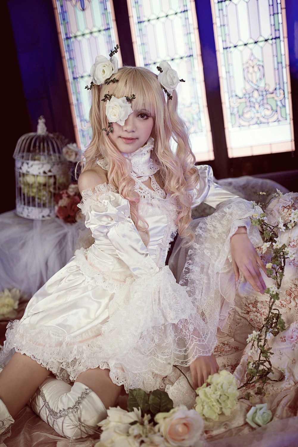 1girl blonde_hair dress eyepatch flower hair_ornament kirakishou lace long_hair rose solo white_dress white_flower white_rose window