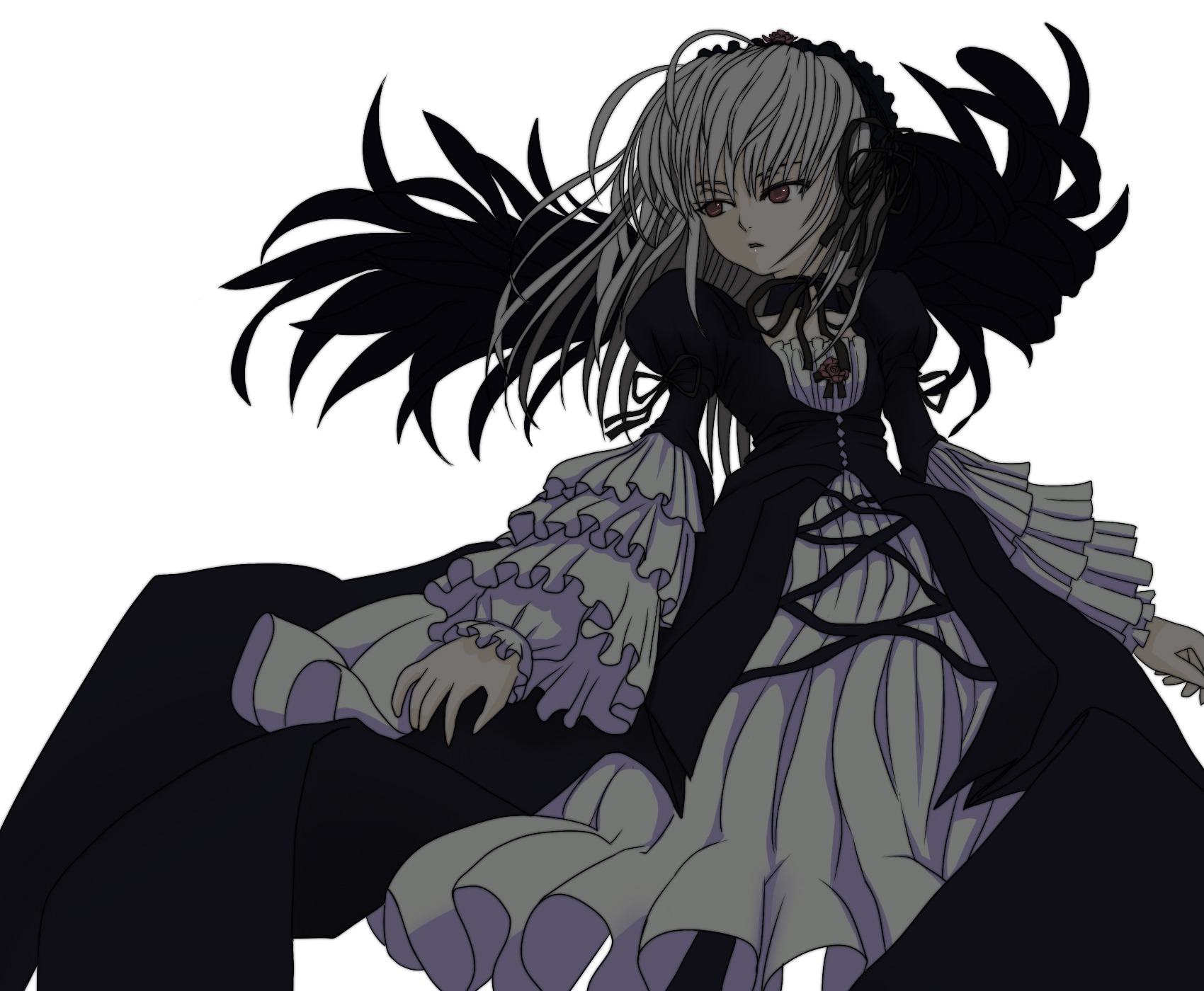 1girl black_wings dress flower frilled_sleeves frills hairband image long_hair long_sleeves monochrome red_eyes ribbon rose simple_background solo suigintou white_background wings