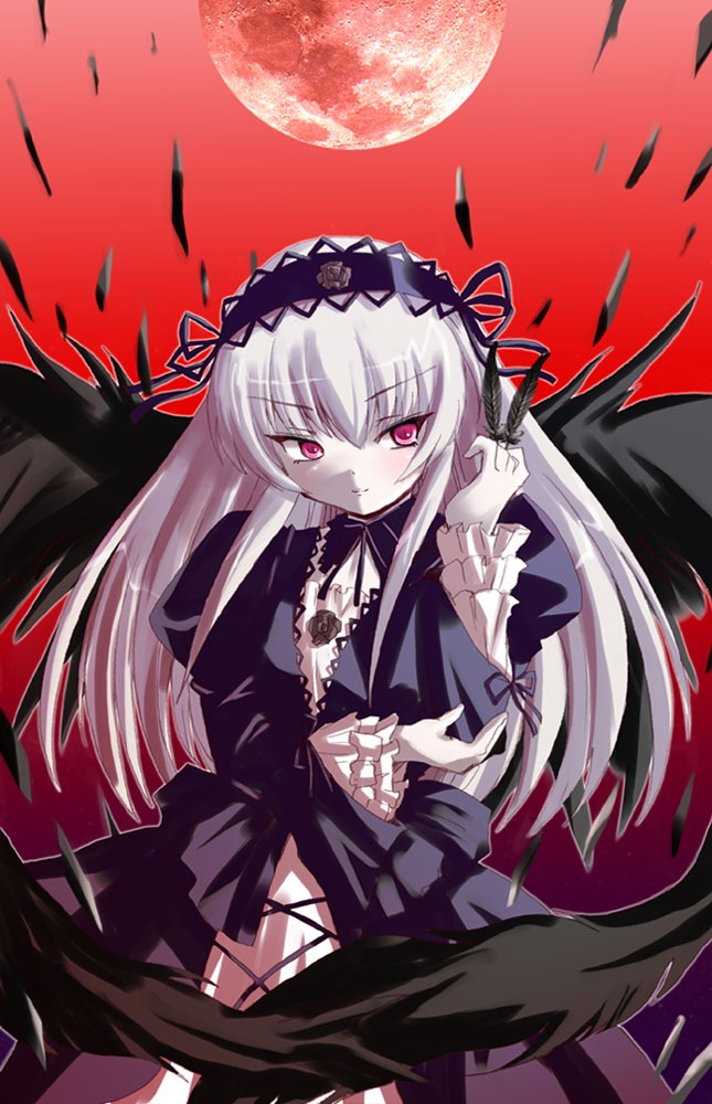 1girl black_wings dress feathers flower frills full_moon hairband image lolita_hairband long_hair long_sleeves looking_at_viewer moon pale_skin pink_eyes red_moon red_sky rose rozen_maiden shinshin silver_hair solo suigintou wings