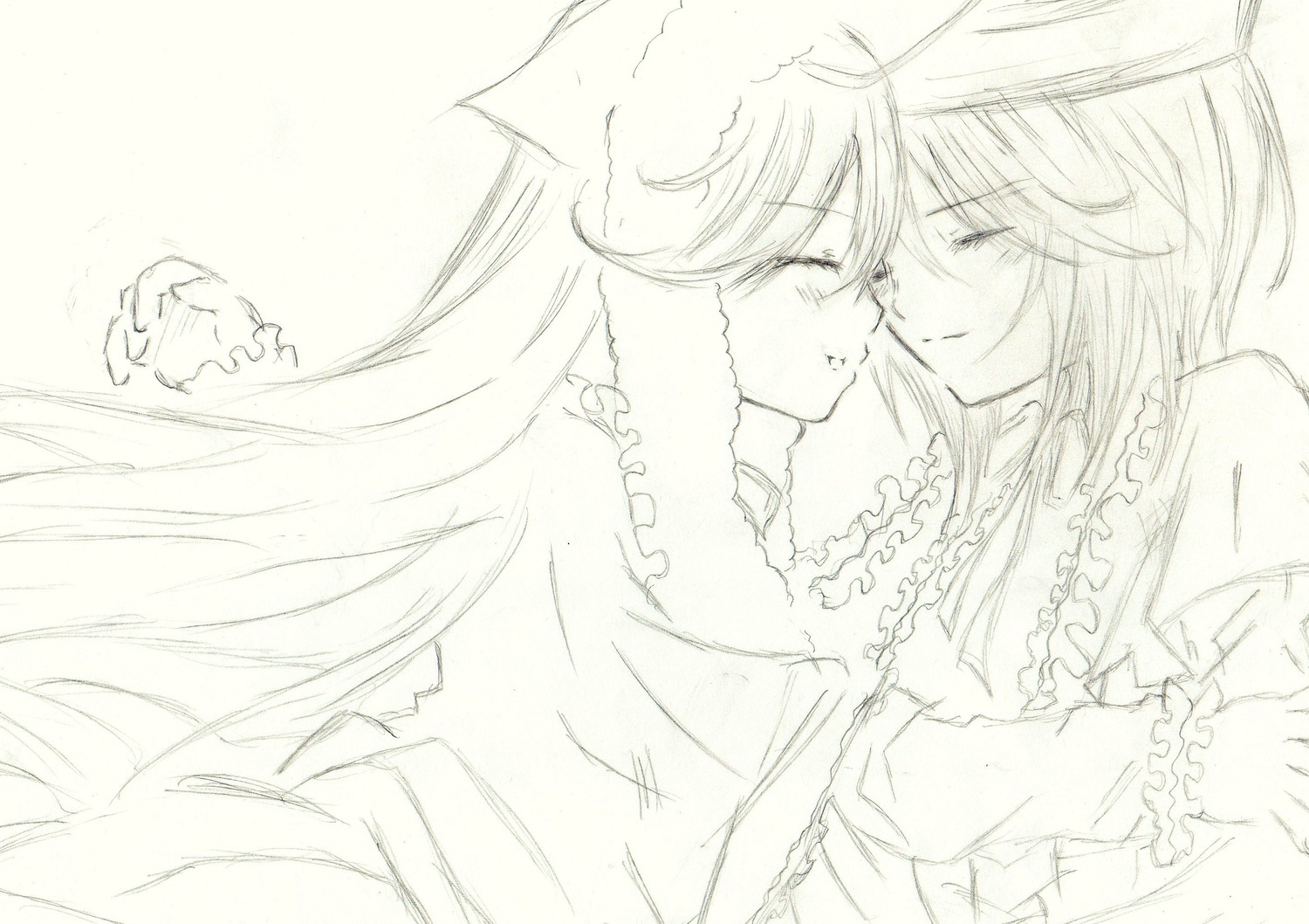 2girls blush closed_eyes frills hakurei_reimu image long_hair monochrome multiple_girls pair sketch souseiseki suiseiseki yuri