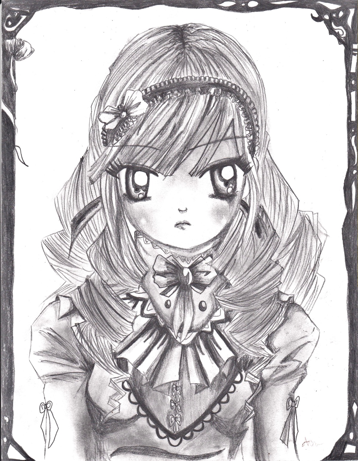 1girl auto_tagged blush border bow flower frills graphite_(medium) greyscale hair_ornament hairband image long_sleeves looking_at_viewer monochrome ribbon shikishi simple_background solo suigintou traditional_media