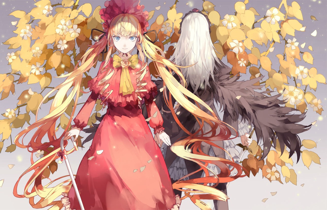 1girl 2girls autumn_leaves bird black_wings blonde_hair blue_eyes bonnet bow cane capelet commentary_request dress feathered_wings flower hair_ribbon hairband image long_hair long_sleeves looking_at_viewer multiple_girls nine_(liuyuhao1992) pair photoshop_(medium) red_dress ribbon rozen_maiden shinku solo standing suigintou sunflower twintails very_long_hair white_hair wings yellow_flower