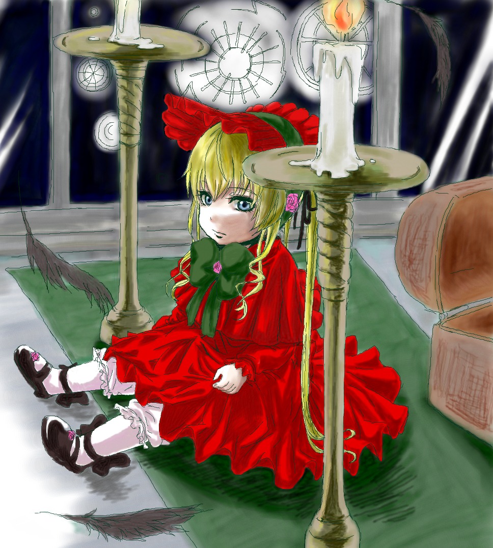 1girl blonde_hair bloomers blue_eyes bonnet bow bowtie cup dress image long_hair long_sleeves red_dress shinku shoes sitting solo twintails underwear white_legwear