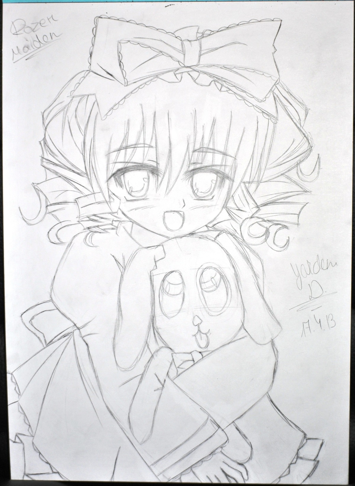 1girl 86800 blush bow dated dress drill_hair graphite_(medium) hair_bow hinaichigo image looking_at_viewer monochrome open_mouth shikishi signature smile solo stuffed_animal traditional_media twin_drills wide_sleeves