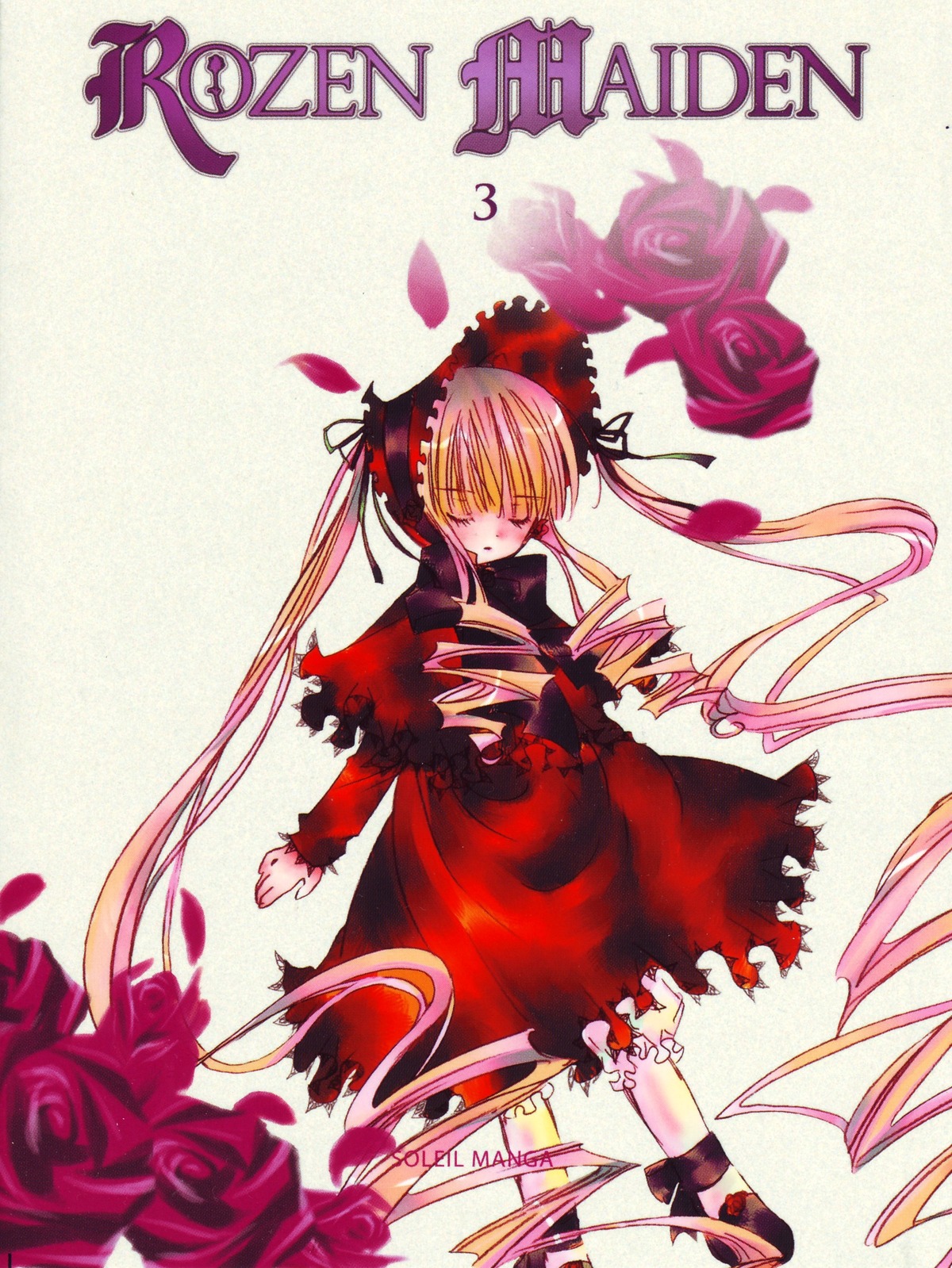1girl ankle_ribbon blonde_hair bonnet closed_eyes dress drill_hair flower frills image long_hair long_sleeves petals pink_rose red_dress red_flower red_rose ribbon rose rose_petals shinku solo twintails very_long_hair