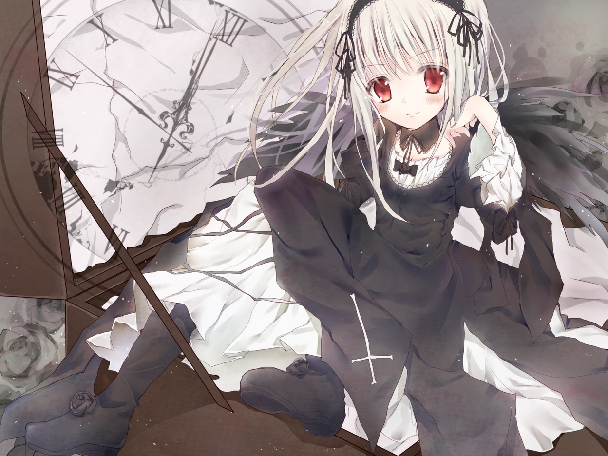 1girl black_dress black_flower black_footwear black_rose blush boots dress flower frills hairband image lolita_fashion long_hair long_sleeves looking_at_viewer red_eyes ribbon rose sitting smile solo suigintou white_hair white_rose wings