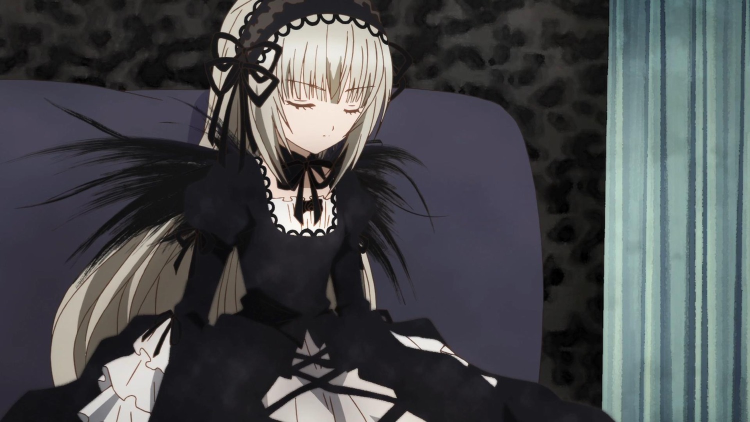 1girl black_dress black_ribbon black_wings closed_eyes closed_mouth dress gothic_lolita hairband image juliet_sleeves lolita_fashion long_hair long_sleeves puffy_sleeves ribbon silver_hair solo suigintou very_long_hair wings