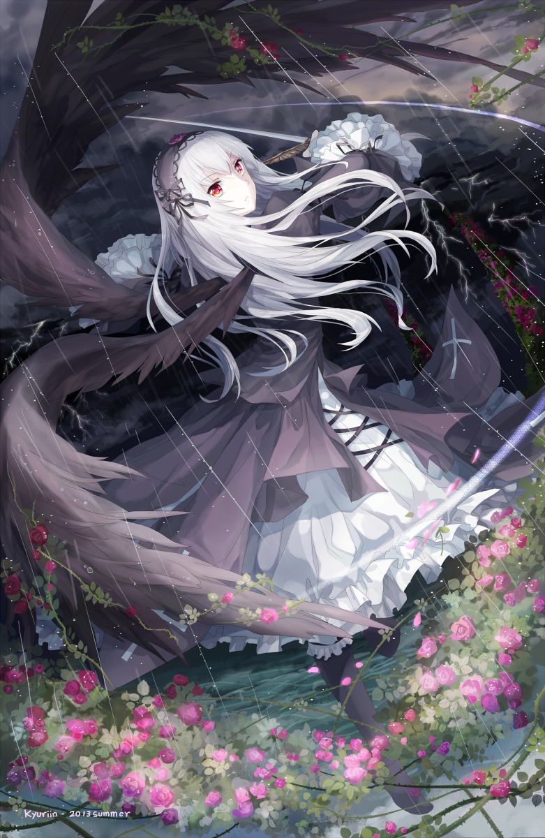 1girl 2013 artist_name bad_id bad_pixiv_id black_wings dress dutch_angle flower frills hairband highres image kyurin_(sunnydelight) lightning long_hair long_sleeves looking_at_viewer plant rain red_eyes red_flower red_rose rose rozen_maiden silver_hair solo suigintou sword thorns very_long_hair vines water weapon wings