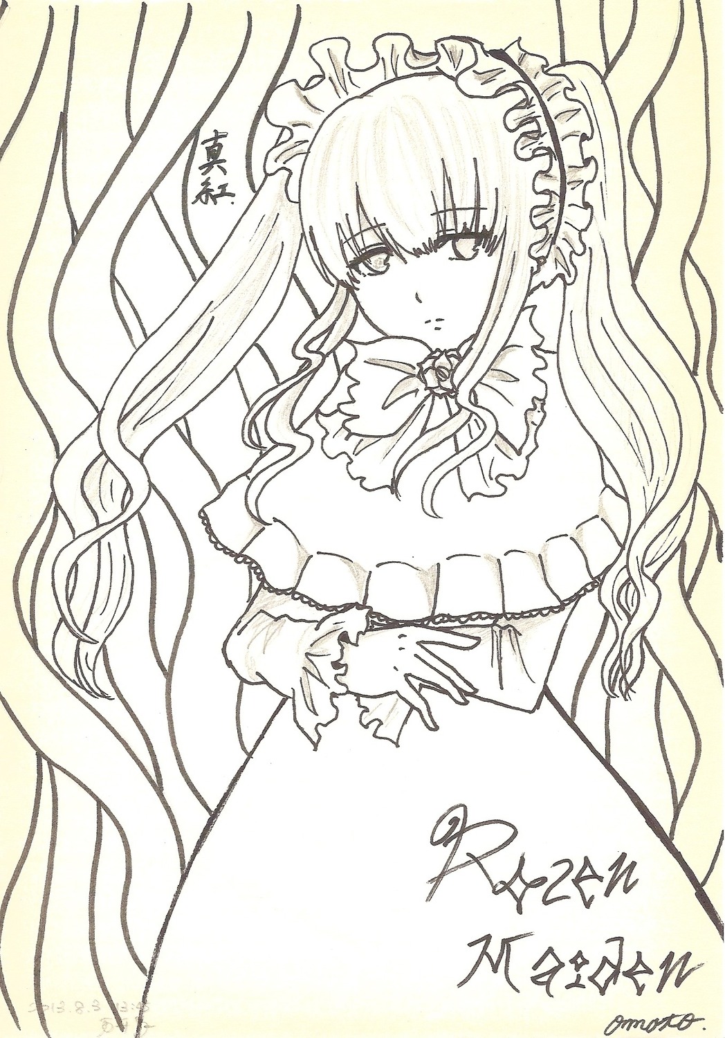 1girl dated dress frills image long_hair long_sleeves looking_at_viewer monochrome ribbon shinku signature solo very_long_hair