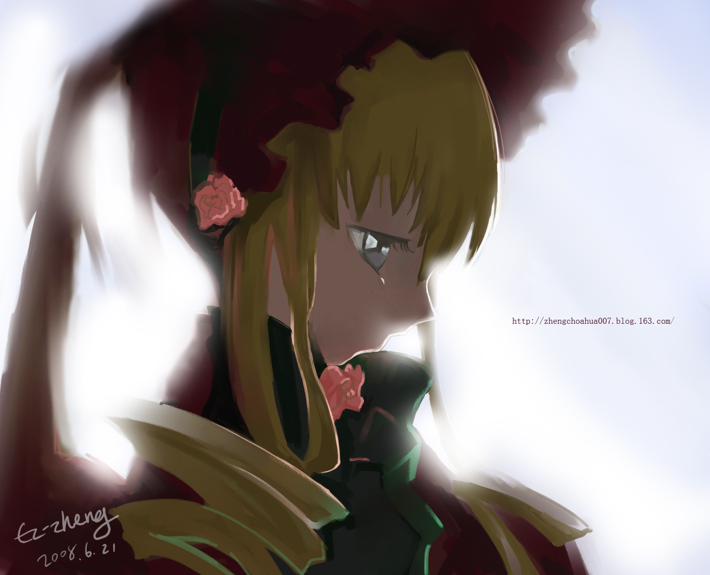 1girl bangs blonde_hair blue_eyes dress flower image long_hair profile rose shinku solo