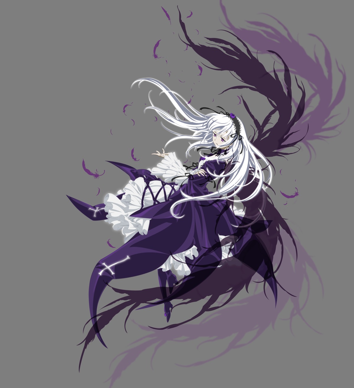 1girl boots dress flower frills full_body hair_ornament hairband image long_hair long_sleeves purple_flower rose solo suigintou torn_clothes transparent_background very_long_hair white_hair