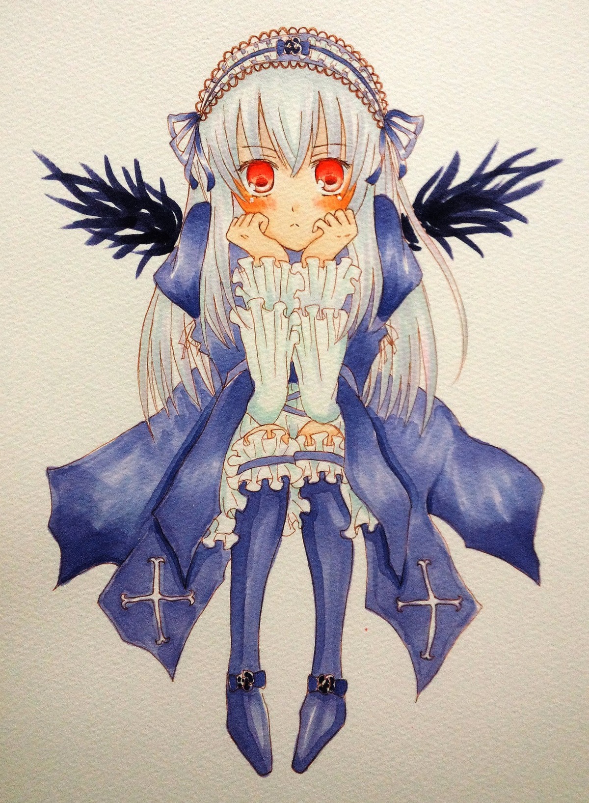 1girl black_wings dress frills full_body hairband image long_hair long_sleeves looking_at_viewer red_eyes ribbon silver_hair solo suigintou tears traditional_media wings