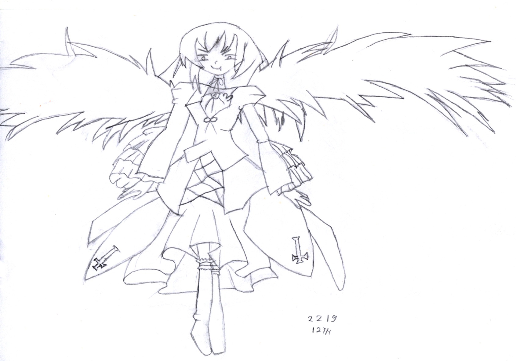 1girl angel_wings boots bow dated feathered_wings full_body greyscale image kishin_sagume long_sleeves monochrome solo solo_wing striped suigintou wings
