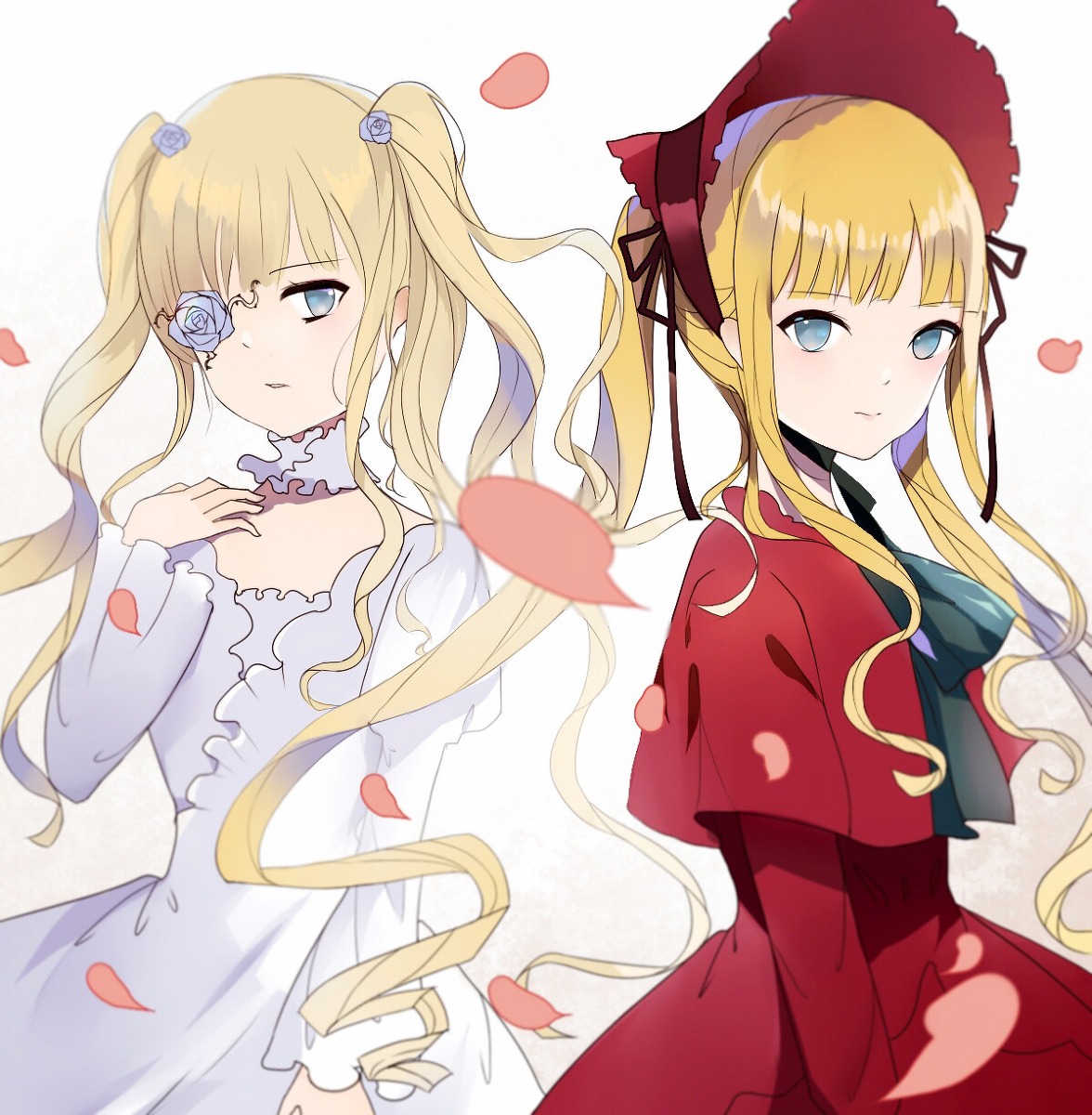 1girl bangs blonde_hair blue_eyes blunt_bangs blush bonnet choker dress flower heart image kirakishou long_hair looking_at_viewer multiple_views pair petals ribbon rose rose_petals shinku sidelocks twintails