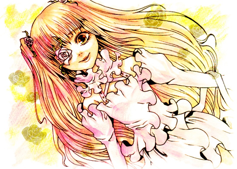 1girl blonde_hair dress eyepatch flower frills hair_ornament image kirakishou long_hair rose smile solo traditional_media two_side_up