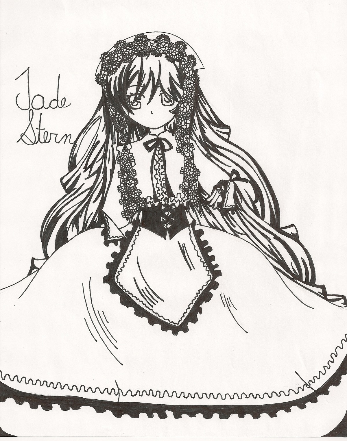 1girl dress elbow_gloves frills gothic_lolita image lolita_fashion long_hair long_sleeves looking_at_viewer monochrome ribbon solo suiseiseki very_long_hair