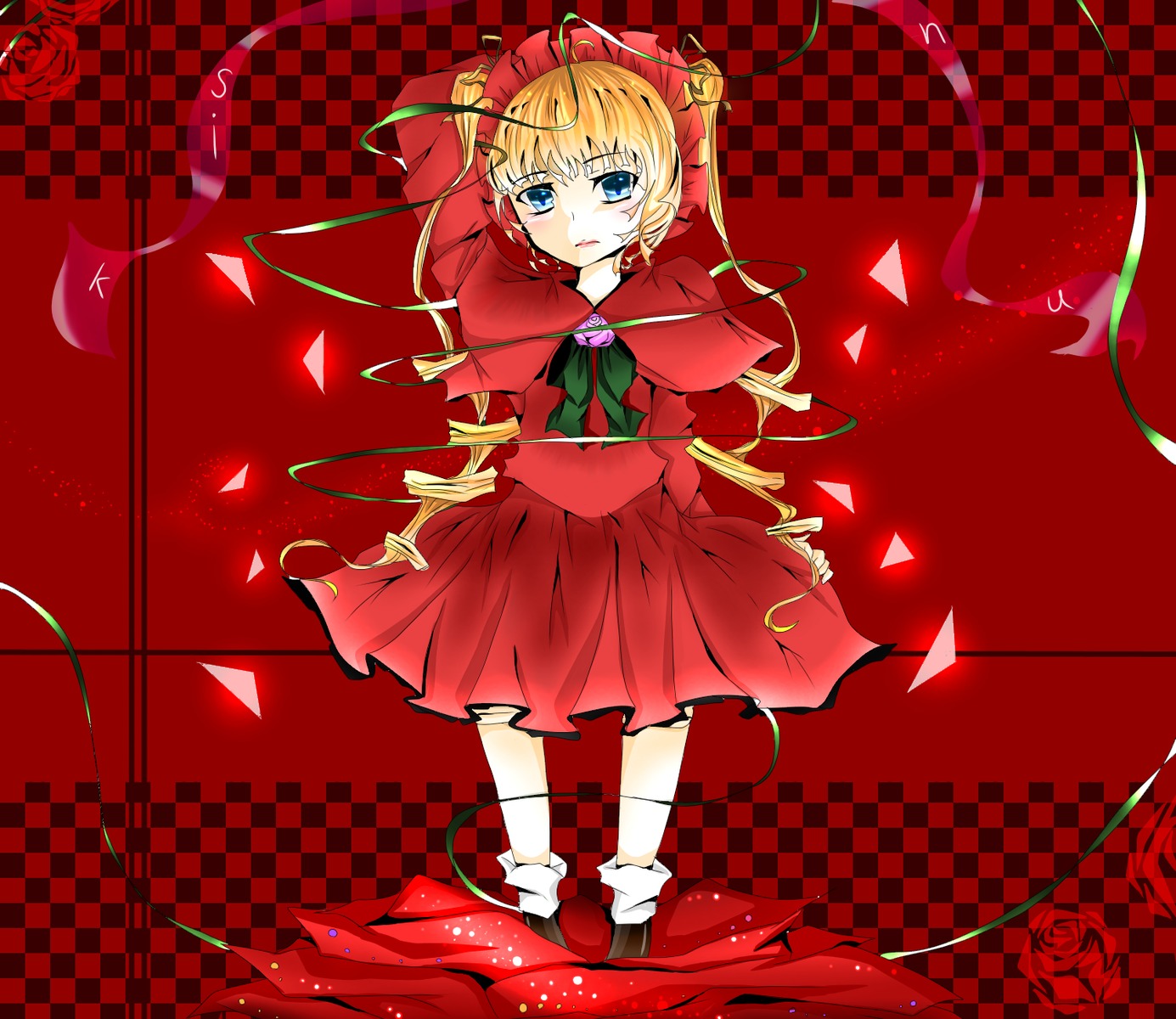 1girl argyle argyle_background argyle_legwear auto_tagged blonde_hair blue_eyes checkered checkered_background checkered_floor chess_piece flower image perspective plaid_background red_flower red_rose red_theme rose shinku skirt solo tile_floor tiles vines