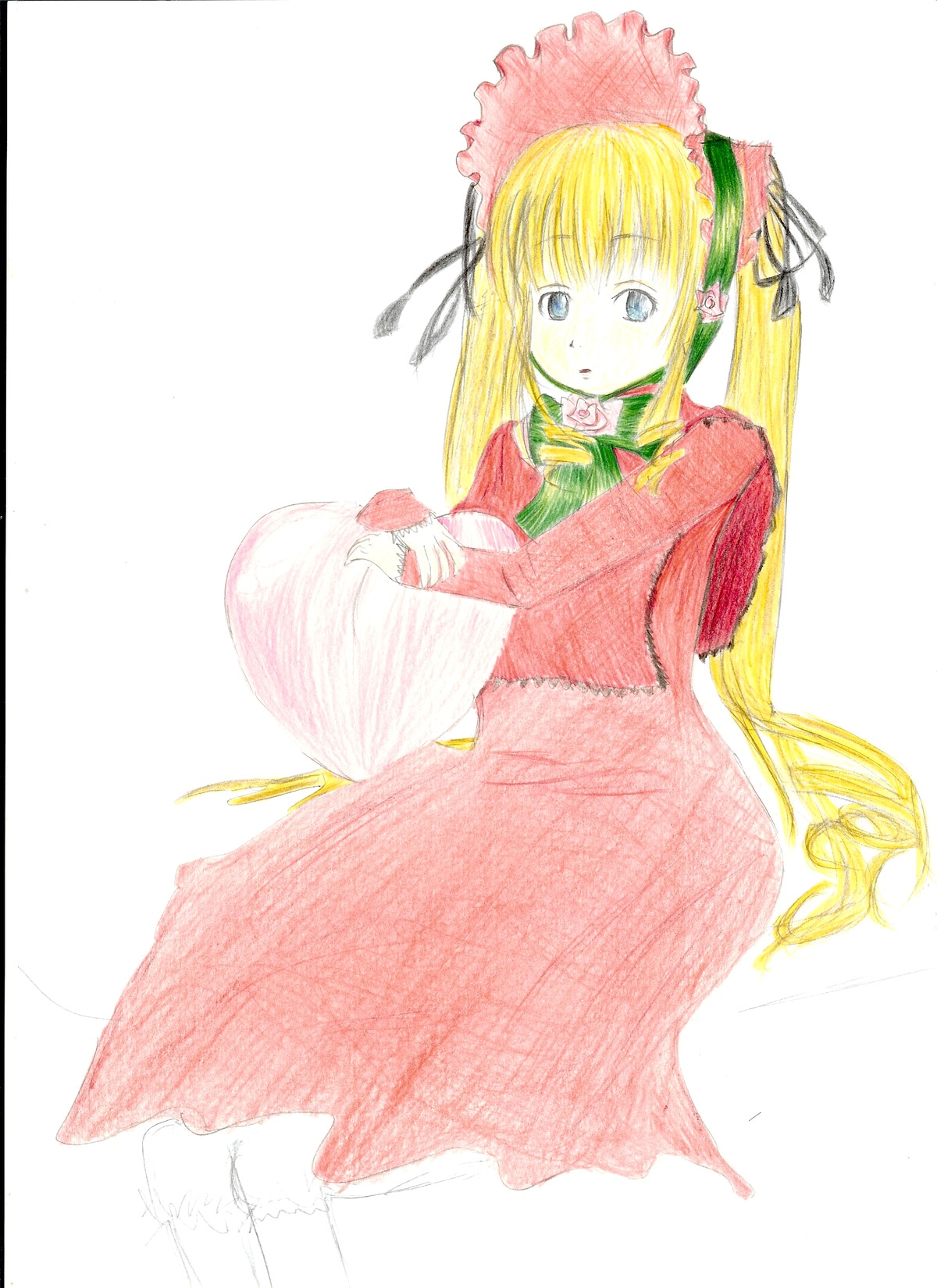 1girl blonde_hair blue_eyes bonnet bow bowtie cup dress image long_hair long_sleeves looking_at_viewer red_dress shinku sidelocks simple_background sitting solo teacup very_long_hair