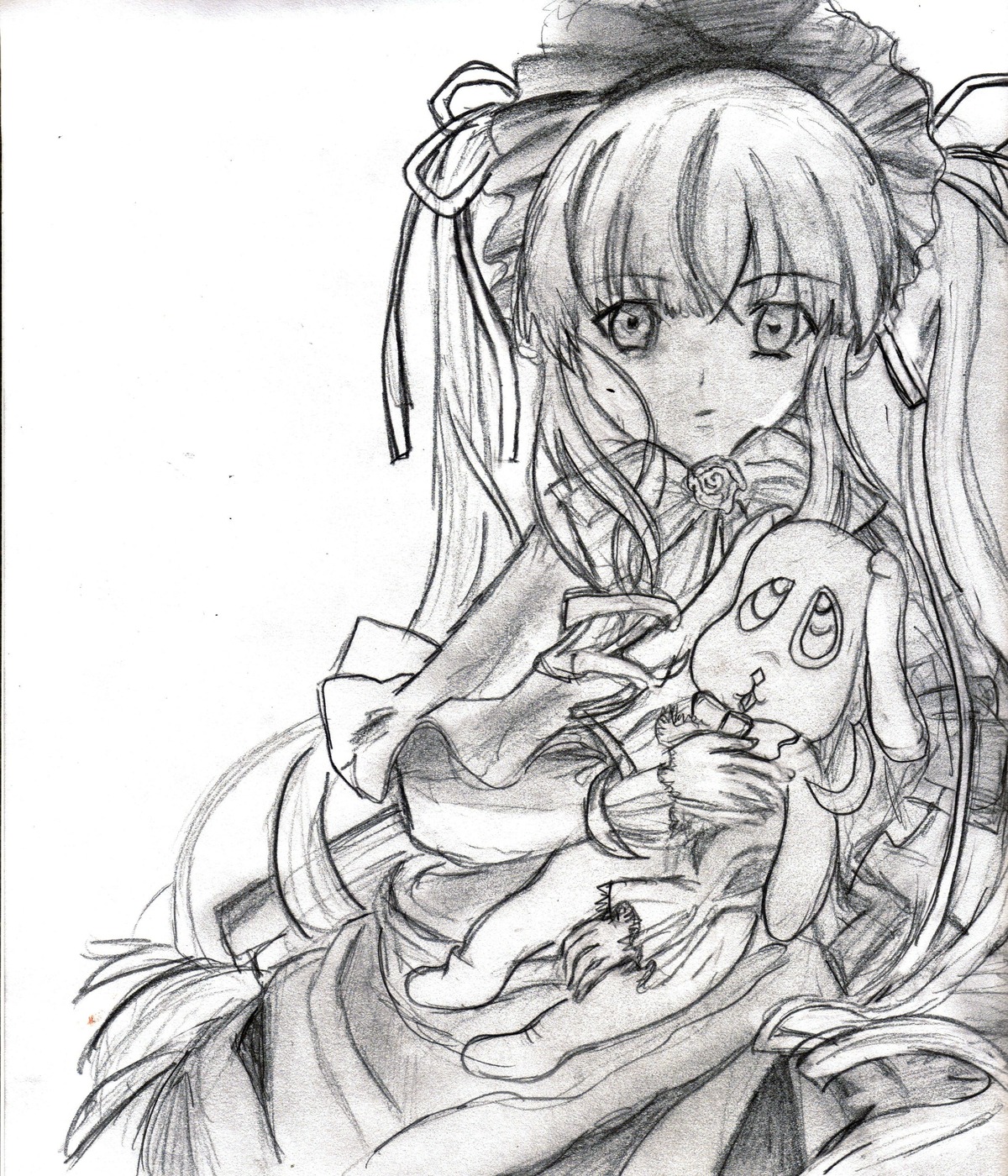 1girl 86800 blush dress eyebrows_visible_through_hair frills greyscale image long_hair long_sleeves looking_at_viewer monochrome shinku simple_background solo traditional_media very_long_hair white_background