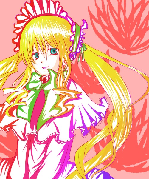 1girl blonde_hair blue_eyes dress frills green_neckwear image long_hair long_sleeves looking_at_viewer pink_background red_background shinku simple_background smile solo twintails very_long_hair