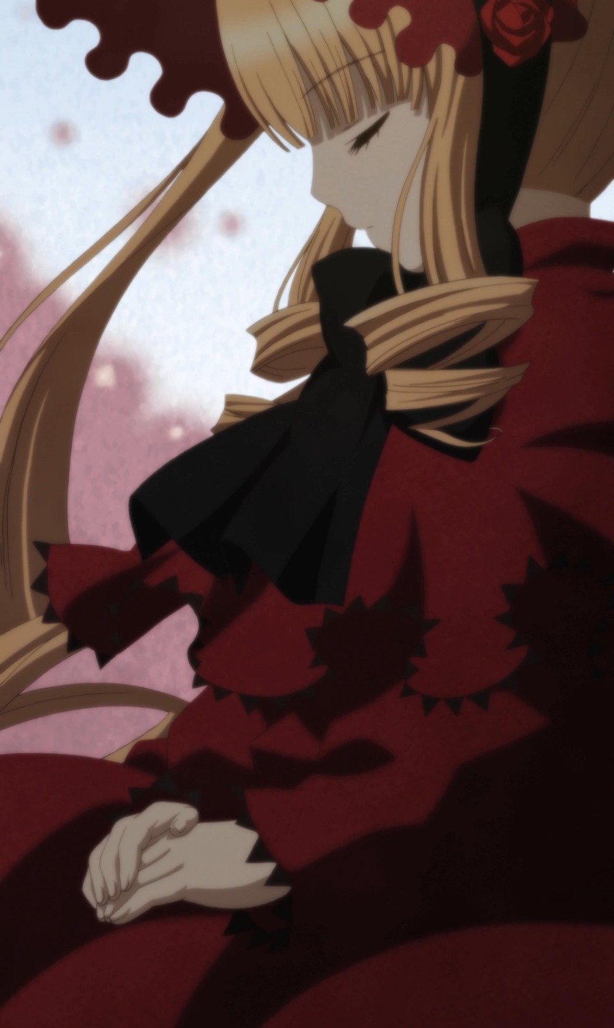 1girl auto_tagged blonde_hair bonnet bow closed_eyes dress drill_hair flower image long_hair long_sleeves petals red_dress red_flower red_rose rose shinku solo twintails