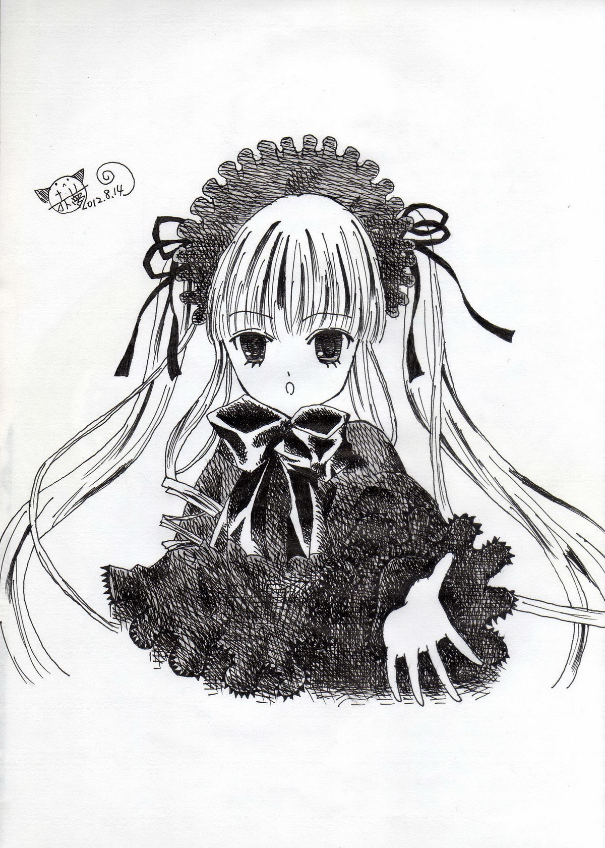 1girl :o blush capelet dress greyscale image lolita_fashion long_hair long_sleeves looking_at_viewer monochrome ribbon shinku solo traditional_media upper_body