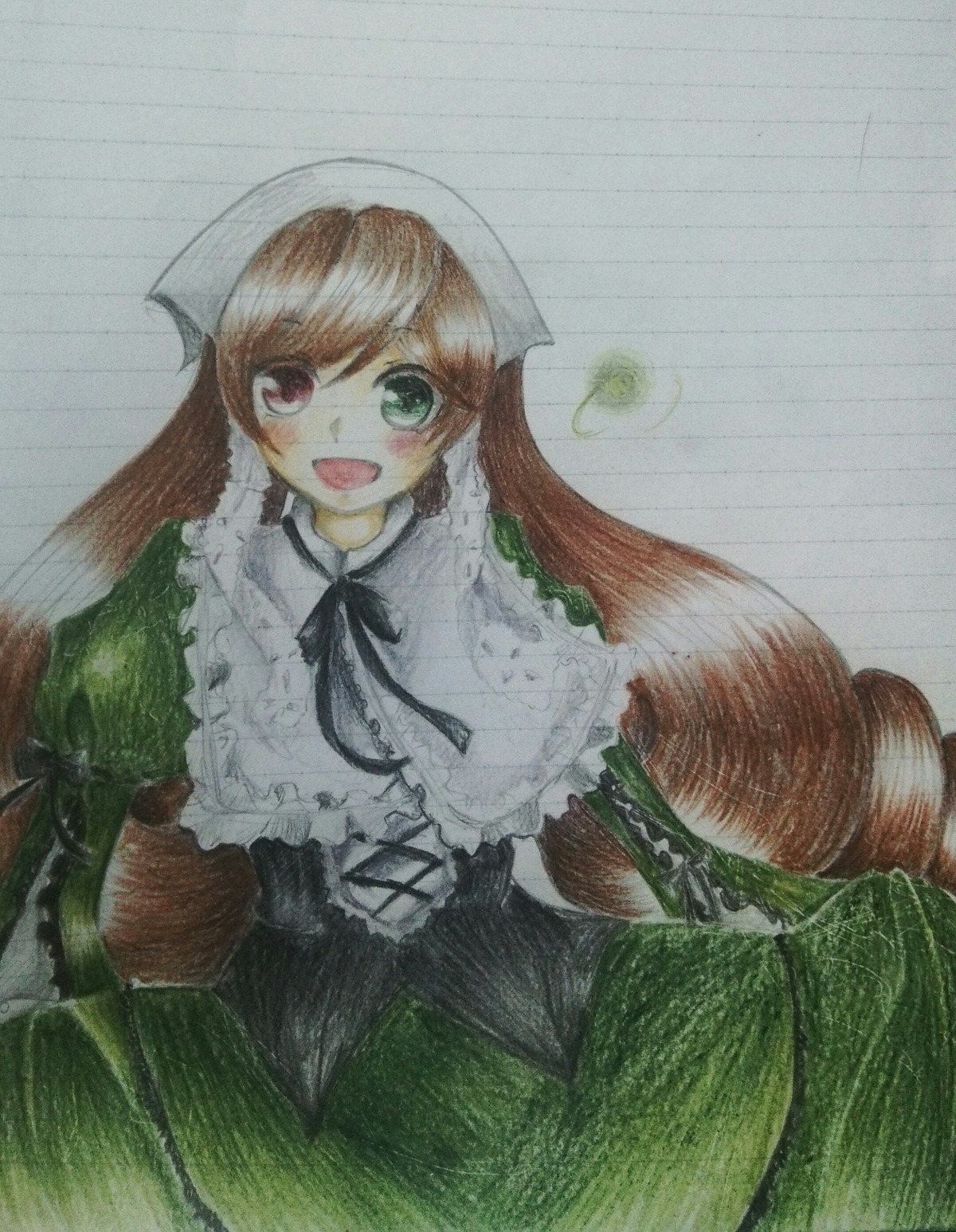 1girl :d auto_tagged brown_hair dress frills green_dress green_eyes head_scarf heterochromia image long_hair long_sleeves looking_at_viewer open_mouth red_eyes simple_background smile solo suiseiseki traditional_media very_long_hair watercolor_(medium)