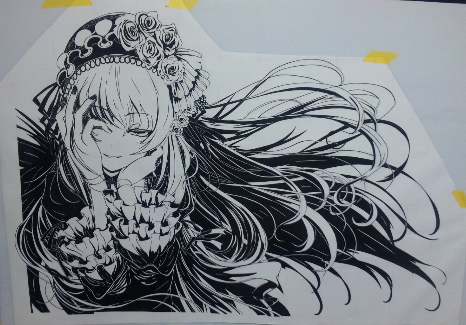 1girl closed_mouth dress floating_hair flower frills greyscale hairband hands_on_own_face image long_hair long_sleeves looking_at_viewer monochrome rose smile solo suigintou traditional_media upper_body wide_sleeves