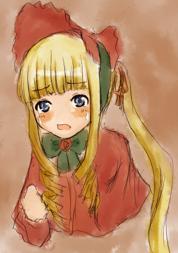1girl bangs blonde_hair blue_eyes blush bonnet bow bowtie dress green_bow image long_hair long_sleeves looking_at_viewer red_dress shinku sidelocks simple_background solo tears twintails upper_body