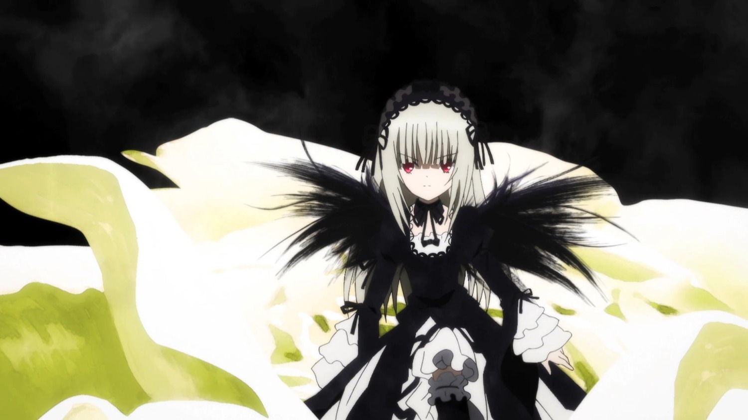 1girl bangs black_dress black_ribbon black_wings detached_collar dress feathers flower frills hairband image long_hair long_sleeves looking_at_viewer red_eyes ribbon rose silver_hair solo suigintou wings